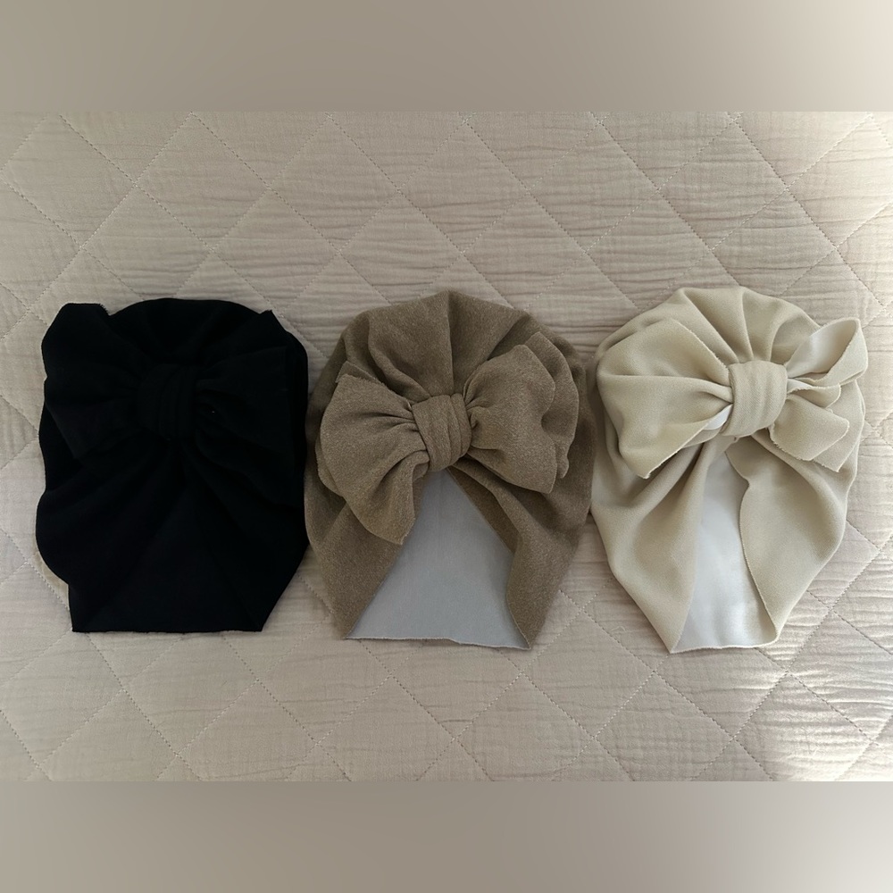 Set of 3 Baby Beanies with Bow Knot - Black, Brown, and Cream